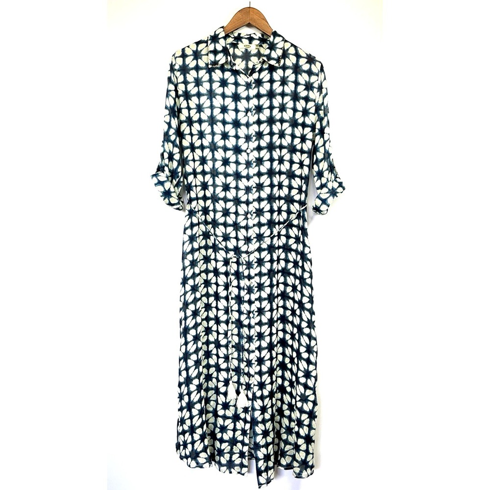 Navy and White Floral Maxi Shirt Dress